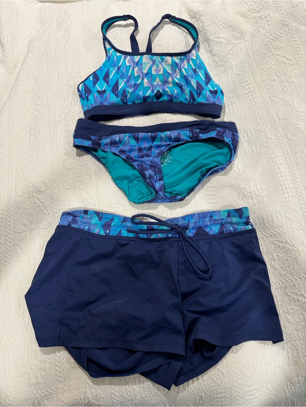 Title Nine Blue Teal Geometric 3-Piece Swim Set